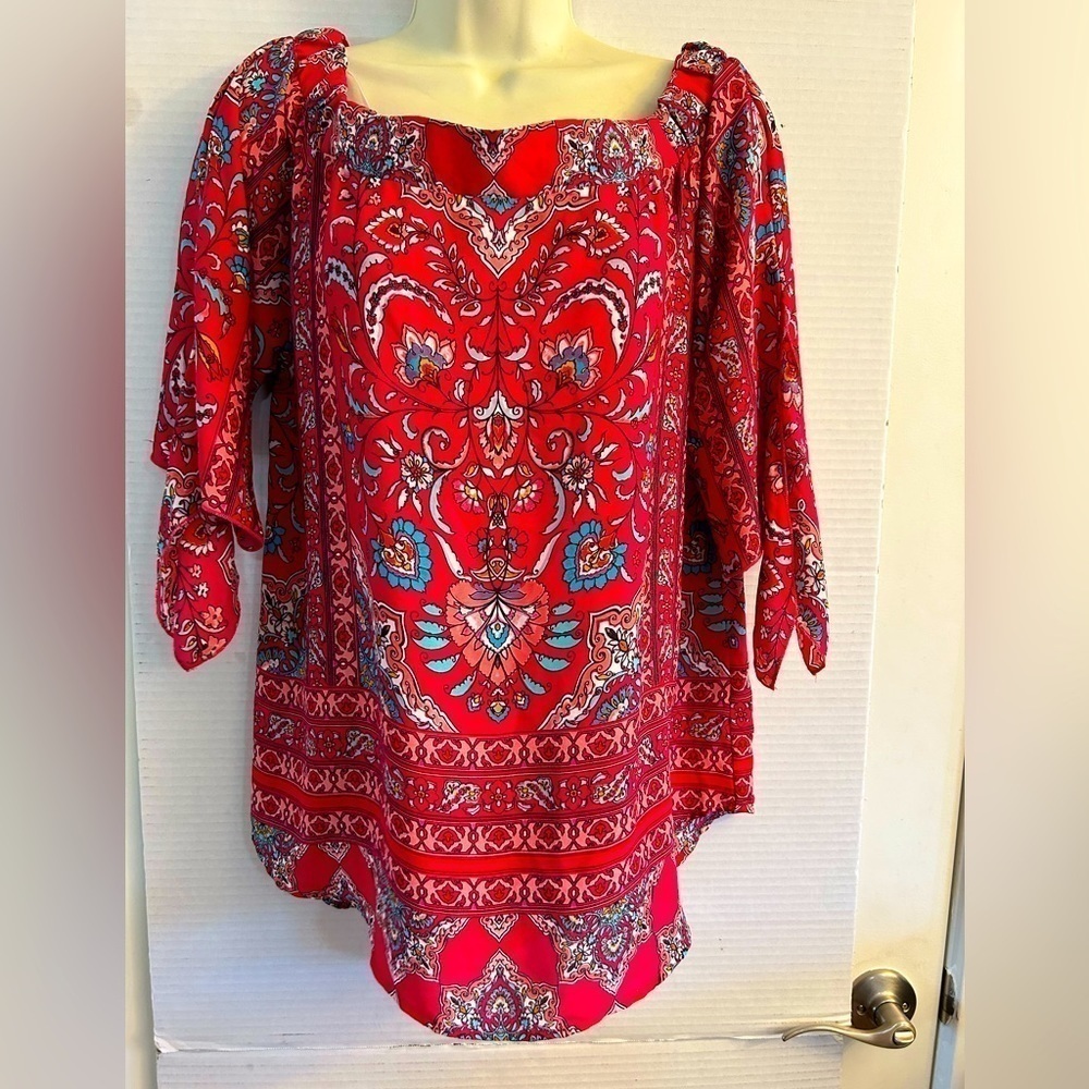 Renee C. Multi floral blouse top‎ with tie sleeve off shoulder Sz XL. F12
